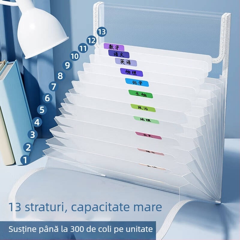 Dosar acordeon vertical cu 13 compartimente, capacitate mare pentru documente A4 și foi de examen