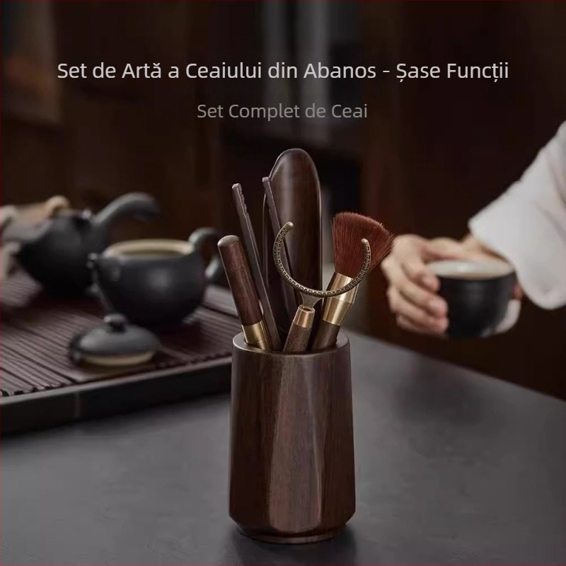 Set de ceremonie a ceaiului, 6 piese, din lemn de abanos, accesorii de ceai de înaltă calitate: clips pentru ceai, măsurător pentru ceai, perie de întreținere a ceainicului și ustensile de preparare a ceaiului