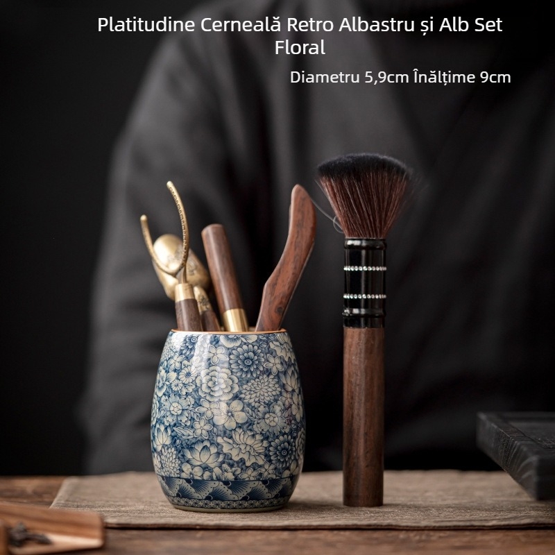 Ceremonie de ceai din porțelan albastru-alb: set de accesorii pentru șase domni ai ceaiului, cuțit pentru ceai, ac pentru ceai, perie pentru ceai, recipient pentru ceai, instrumente pentru ceai, clești pentru ceai