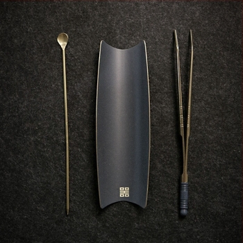 Copper Wood Incense: Lingură de ceai și clips pentru ceai, set de trei piese Kung Fu pentru ceremonia japoneză a ceaiului, finisaj lacuit din cupru și alamă