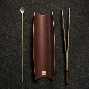 Copper Wood Incense: Lingură de ceai și clips pentru ceai, set de trei piese Kung Fu pentru ceremonia japoneză a ceaiului, finisaj lacuit din cupru și alamă