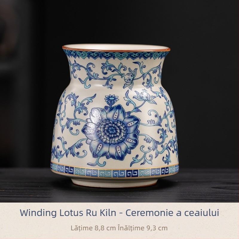 Set de ceai în stil tradițional Ru kiln, ceramică albastru- Alb, ceremonie de ceai, cu șase domni, accesorii: clip pentru ceai și ac pentru ceai