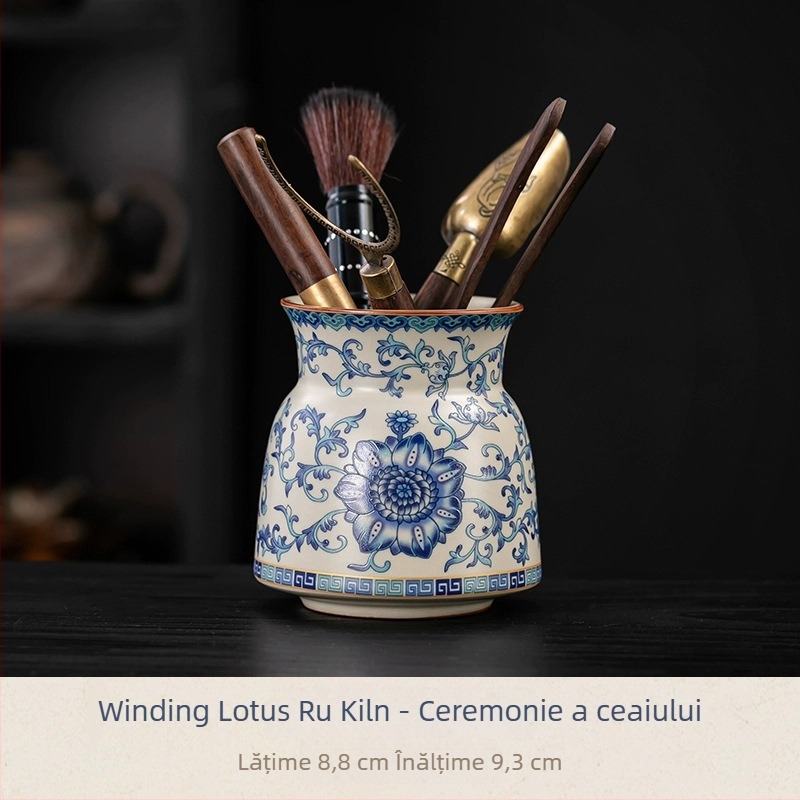 Set de ceai în stil tradițional Ru kiln, ceramică albastru- Alb, ceremonie de ceai, cu șase domni, accesorii: clip pentru ceai și ac pentru ceai