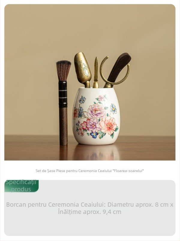 Porțelan din jad alb cu fir auriu și motiv floarea-soarelui — Set de ceremonie a ceaiului cu Șase Domni, pentru uz casnic, accesorii premium (cuțit de ceai, clește de ceai, perie de ceai)