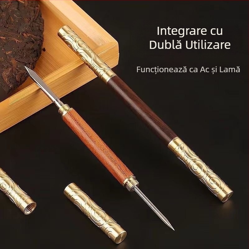 Set Pu-Erh ceai cuțit și ac, inel din alamă, unealtă dublă din alamă, con de ceai din ebony și rosewood, accesorii dual-use pentru deschiderea ceaiurilor presate și blocurilor de ceai