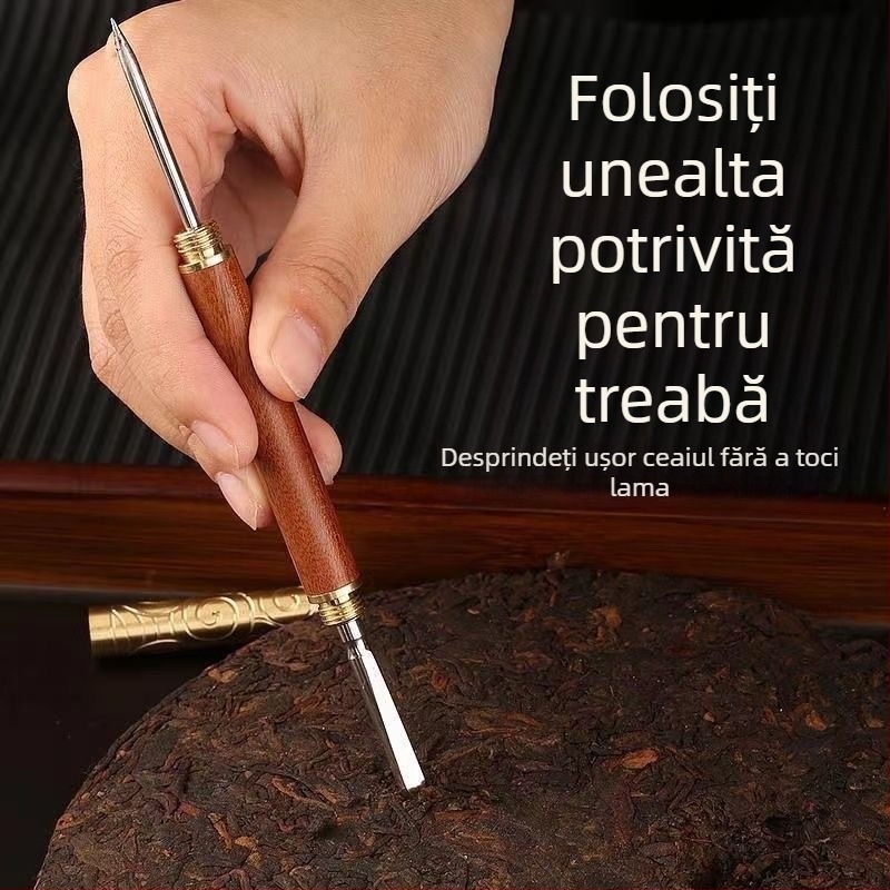 Set Pu-Erh ceai cuțit și ac, inel din alamă, unealtă dublă din alamă, con de ceai din ebony și rosewood, accesorii dual-use pentru deschiderea ceaiurilor presate și blocurilor de ceai