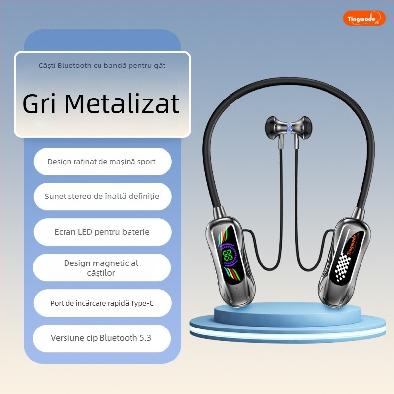 Căști Bluetooth cu bandă pentru gât, afișaj digital al bateriei, autonomie lungă, sunet stereo de înaltă calitate, design sport