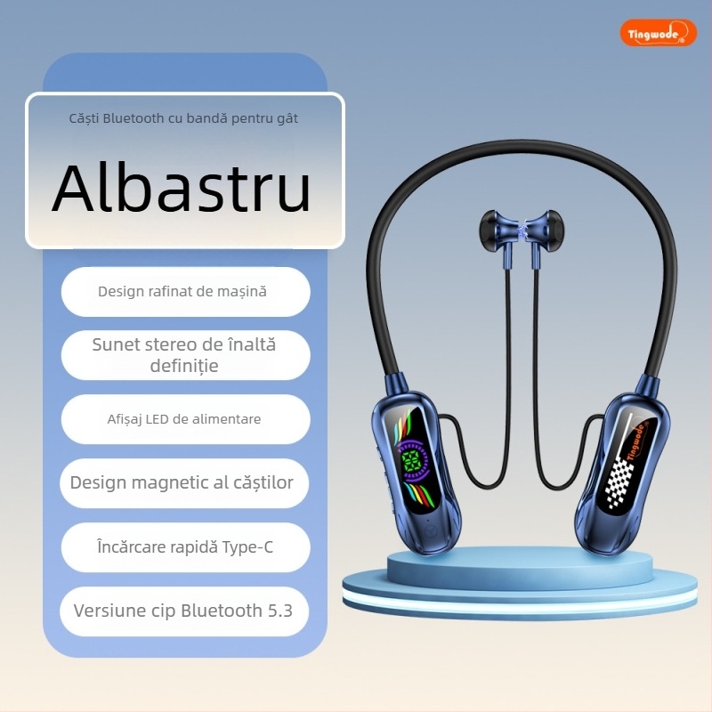 Căști Bluetooth cu bandă pentru gât, afișaj digital al bateriei, autonomie lungă, sunet stereo de înaltă calitate, design sport