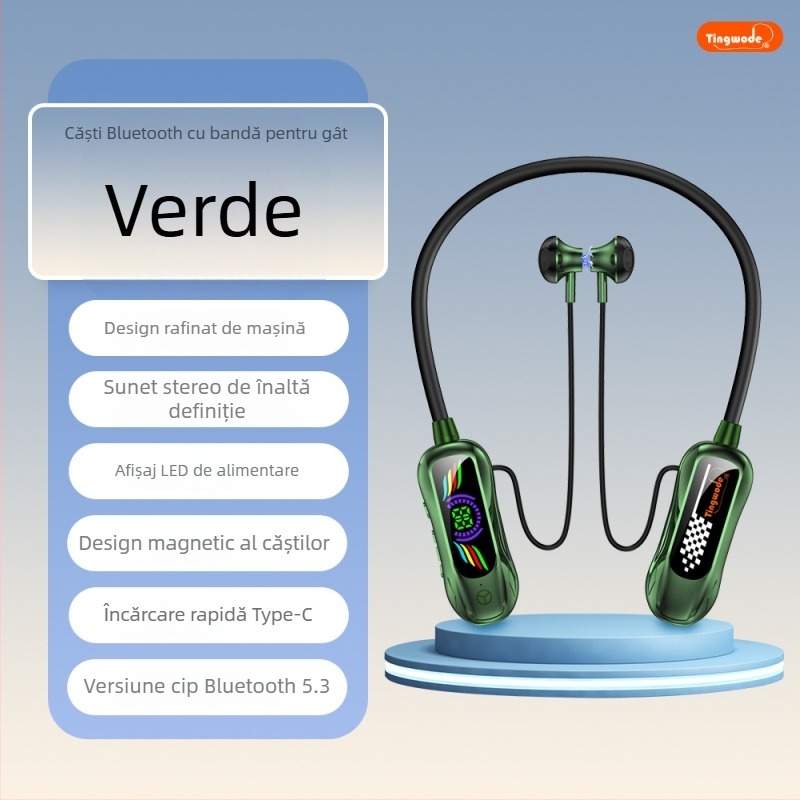 Căști Bluetooth cu bandă pentru gât, afișaj digital al bateriei, autonomie lungă, sunet stereo de înaltă calitate, design sport