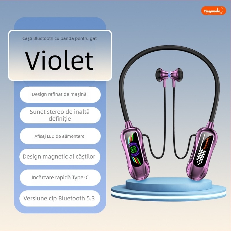 Căști Bluetooth cu bandă pentru gât, afișaj digital al bateriei, autonomie lungă, sunet stereo de înaltă calitate, design sport
