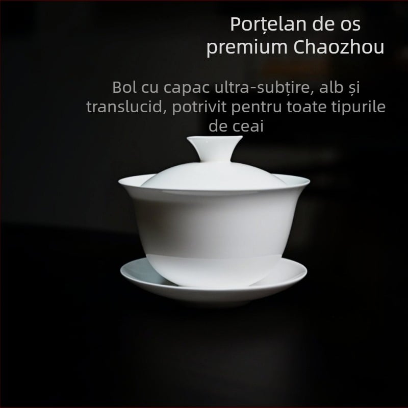 Gaiwan din porțelan cu oase, corp subțire, set Gongfu Chaozhou, bol alb pentru ceai și ceașcă, cadou premium, gaiwan cu capac în trei părți