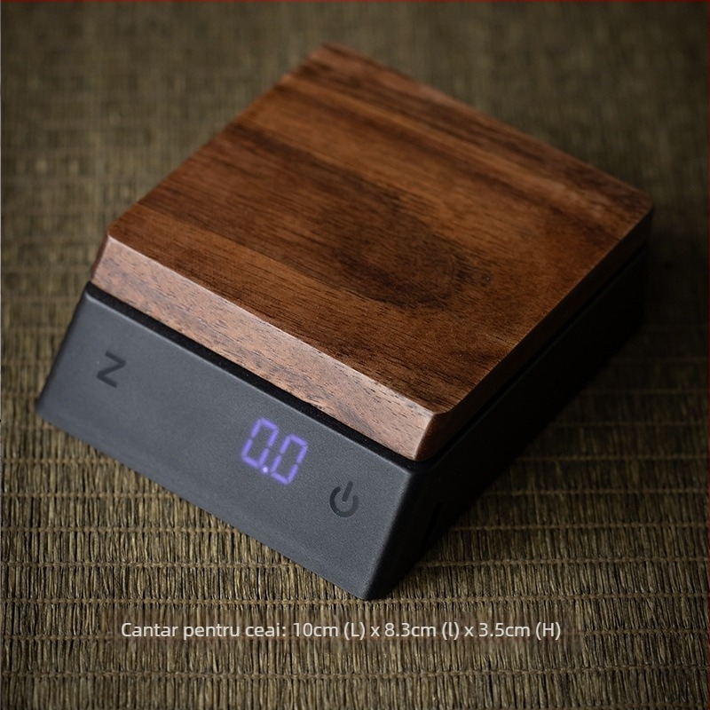 Cântar de ceai din lemn masiv, încărcabil, compact, cu tavă — cântar electronic în grame pentru frunze de ceai