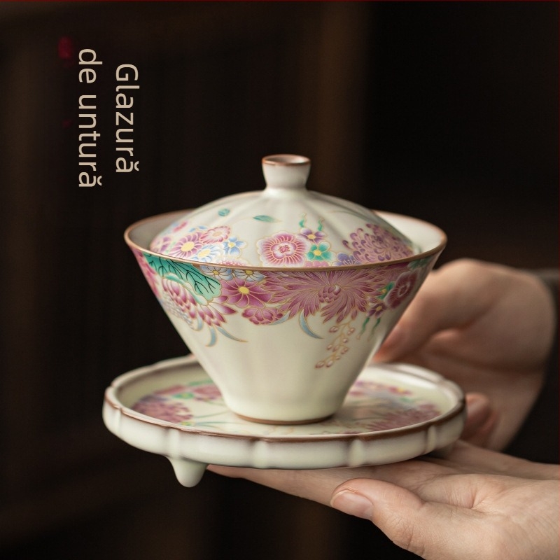 Vas ceramic cu capac, pentru ceremonial Gongfu, bol de ceai cu capac Three-Talent