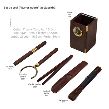 Set ceremonial ceai Six Gentlemen din lemn de abanos – lingură de ceai, clips pentru ceai, cuțit de ceai, furculiță pentru ceașcă și recipient pentru ceai
