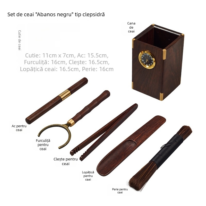 Set ceremonial ceai Six Gentlemen din lemn de abanos – lingură de ceai, clips pentru ceai, cuțit de ceai, furculiță pentru ceașcă și recipient pentru ceai