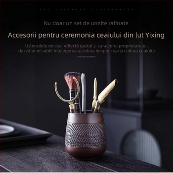 Set de ceremonie a ceaiului din lut mov, șase piese: linguriță de ceai, perie de ceai, clești pentru ceai și recipient de depozitare pentru uz casnic