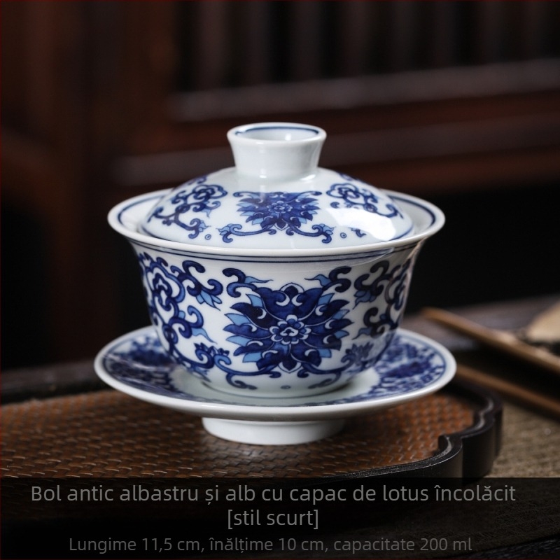Bol de ceai din porțelan albastru-alb cu capac, trei părți, mare, stil retro, motiv de lotus încolăcit.