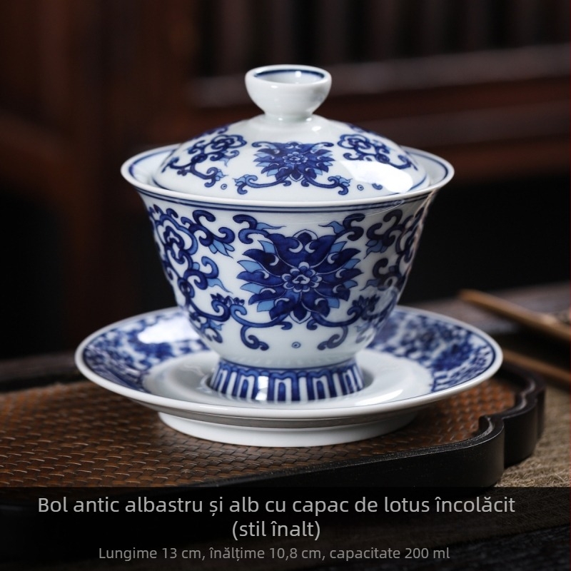 Bol de ceai din porțelan albastru-alb cu capac, trei părți, mare, stil retro, motiv de lotus încolăcit.