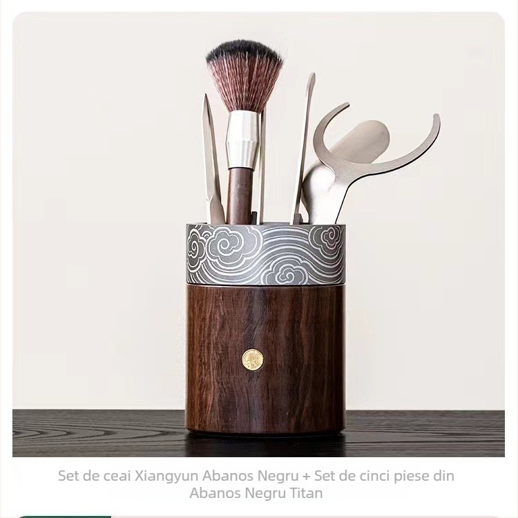 Set ceremonie ceai Six Gentlemen din lemn de abanos, cu accesorii din aluminiu, inclusiv tub de ceai și clips pentru uz casnic, de înaltă calitate.