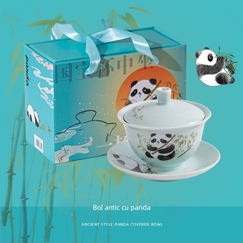 Panda în stil național: set ceramic pentru ceai cu capac, trei piese, design personalizabil, temă de ceai cu flori, cutie cadou