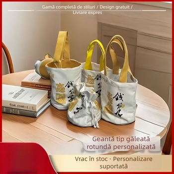 Lingyin Temple Money Bag cu logo personalizat, geantă de cumpărături din velur și bumbac, geantă bucket din pânză, pentru obiective turistice culturale și creativitate