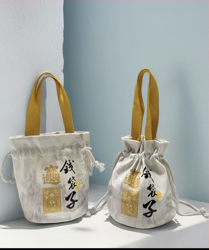 Lingyin Temple Money Bag cu logo personalizat, geantă de cumpărături din velur și bumbac, geantă bucket din pânză, pentru obiective turistice culturale și creativitate