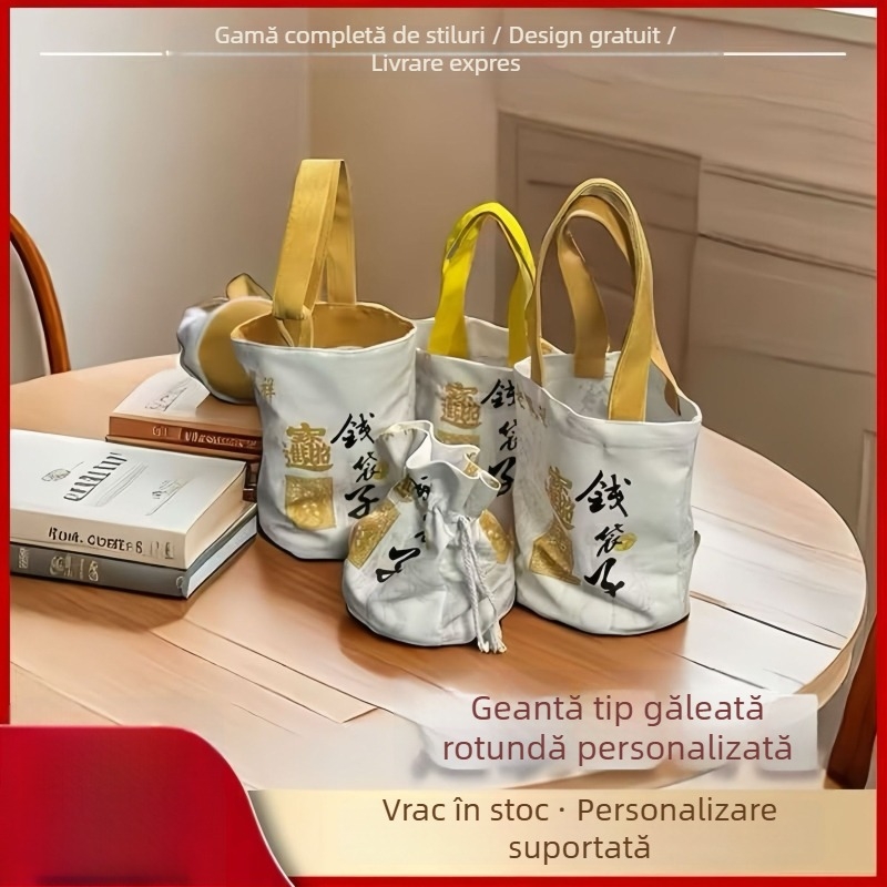 Lingyin Temple Money Bag cu logo personalizat, geantă de cumpărături din velur și bumbac, geantă bucket din pânză, pentru obiective turistice culturale și creativitate