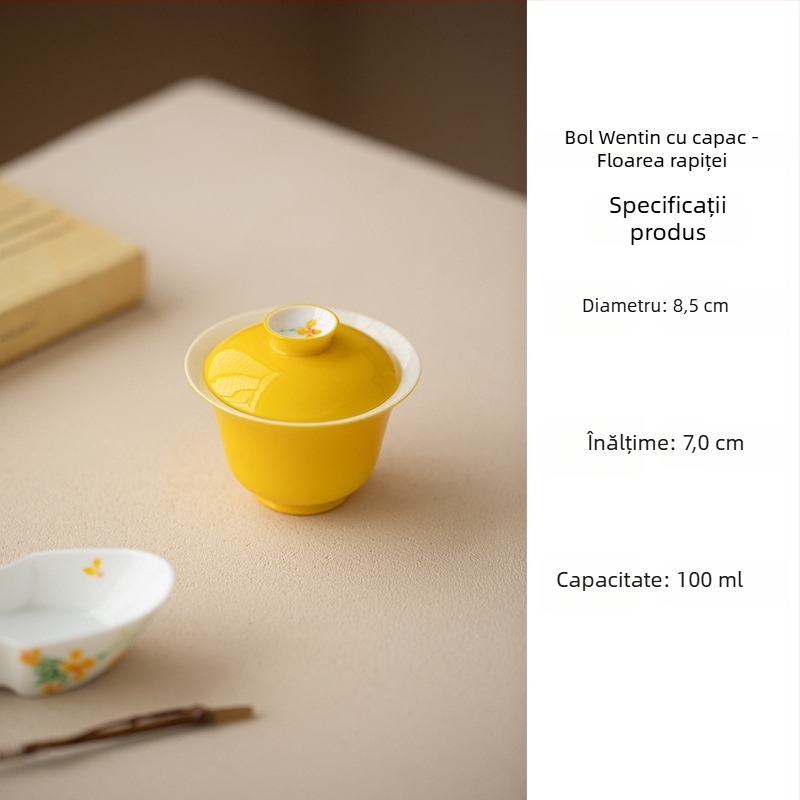Gaiwan cu pictură manuală sub glazură cu flori de rapiță, set ceai ceramic, galben aprins, stil modern minimalist, trei piese