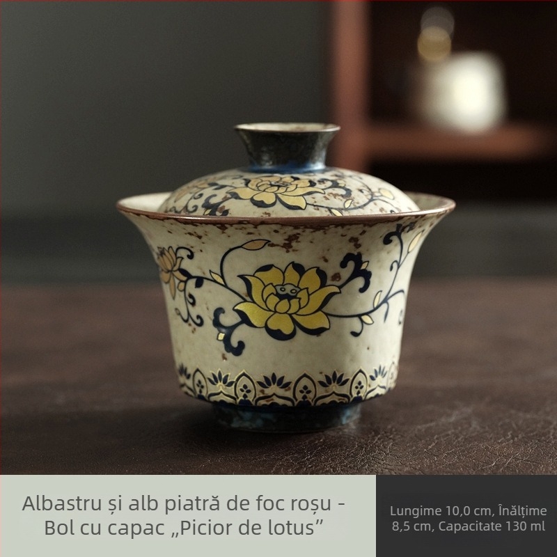 Gaiwan bleu-albastru cu glazură roșu piatră, set ceai retro Kung Fu, ceașcă mare de ceai chinezesc pentru uz casnic