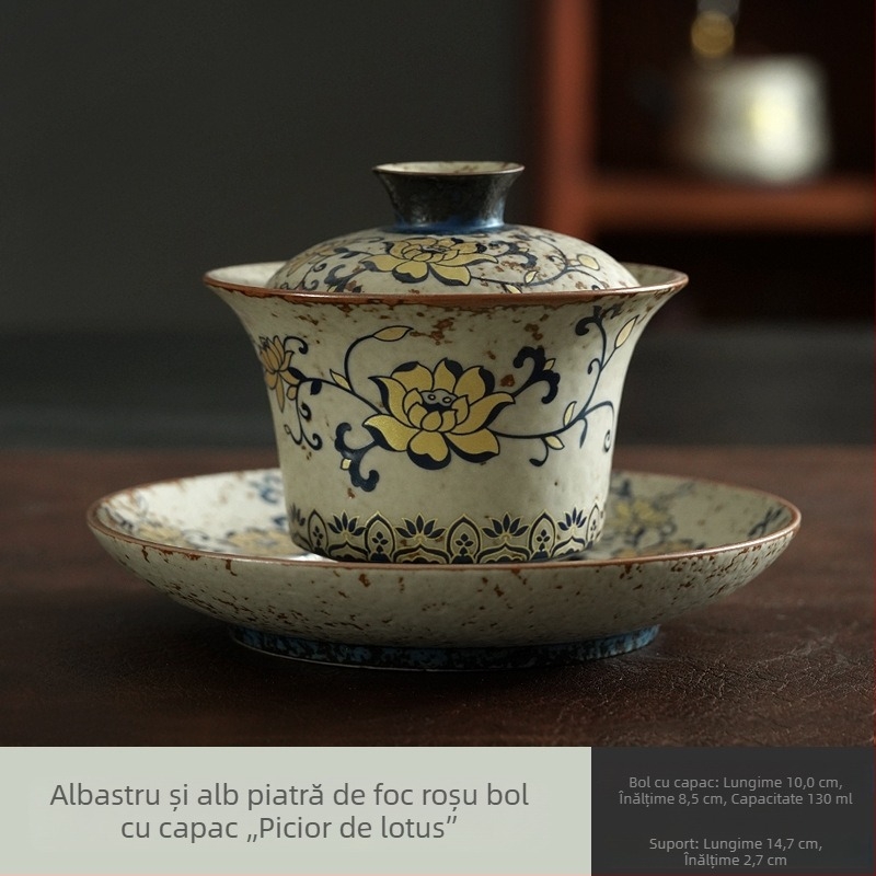 Gaiwan bleu-albastru cu glazură roșu piatră, set ceai retro Kung Fu, ceașcă mare de ceai chinezesc pentru uz casnic