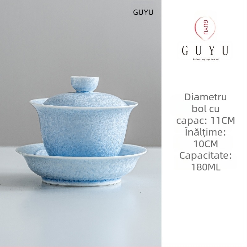 Set de ceai cu capac din porțelan, glazură sancai, culoare albastru cristal de gheață, capacitate mare, calitate premium