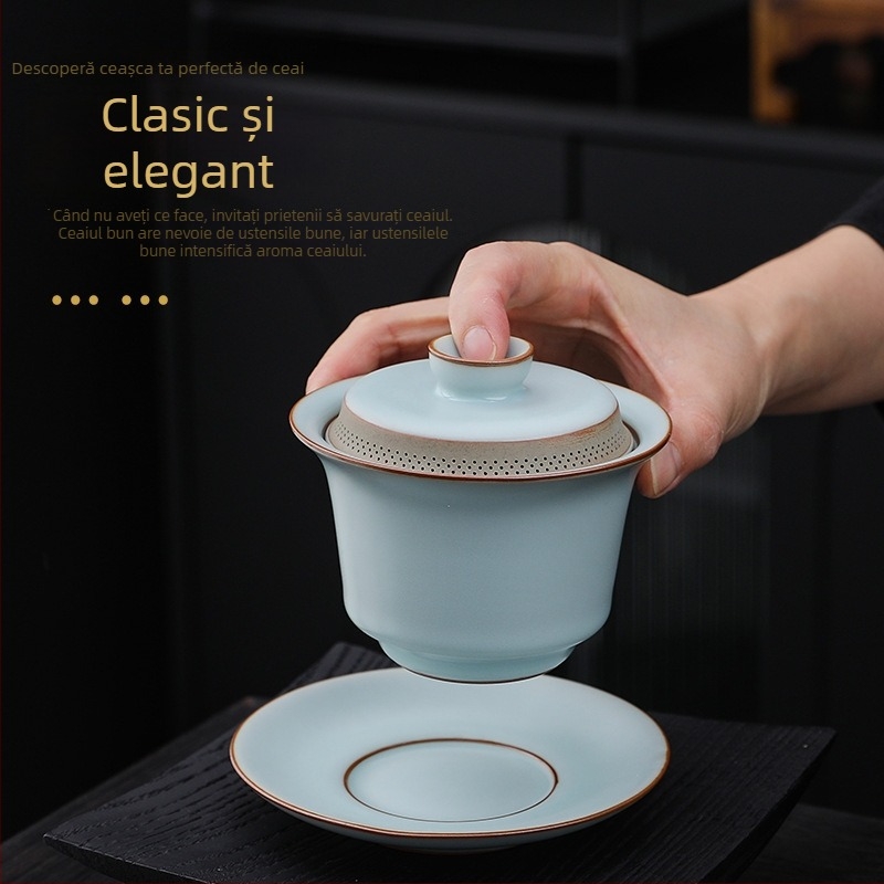 Vas cu capac și filtru propriu, porțelan Ru, debit de apă la 360°, set de ceai ceramic mare, Ceainic Celadon cu mâner