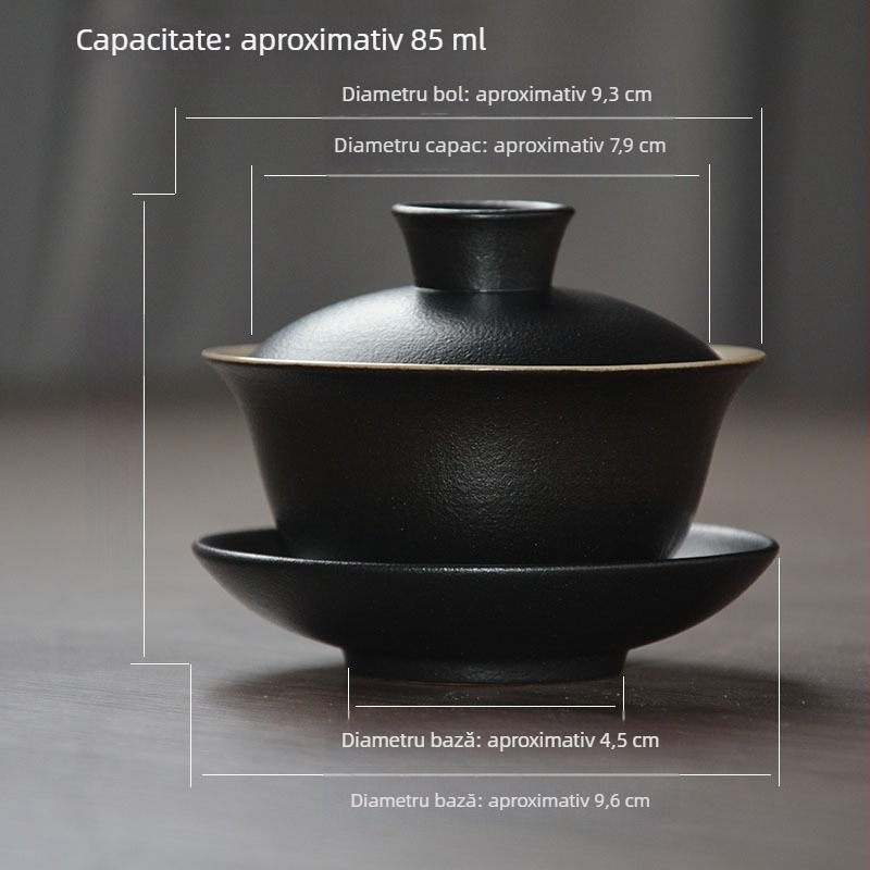 Vas de ceai ceramic negru cu capac, mic, 85 ml, pentru ceremonia Kung Fu a ceaiului