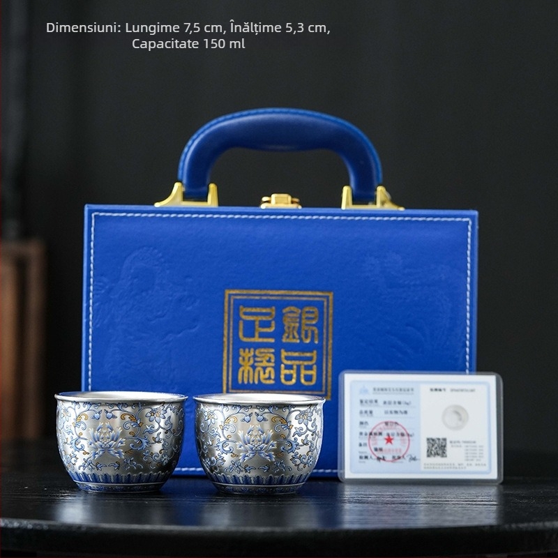 ceașă de ceai ceramică albastru-alb, vintage, cu margine aurită din argint, pentru ceai Gongfu