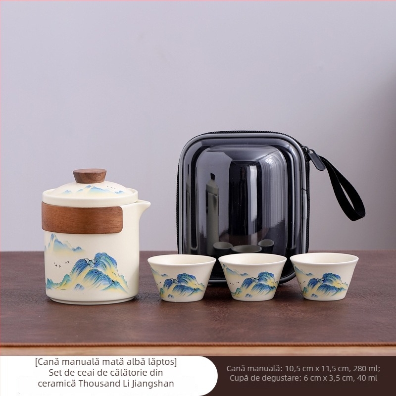 Set de ceai din porțelan alb, stil gaiwan, pentru călătorii, cu capac și căni din ceramică