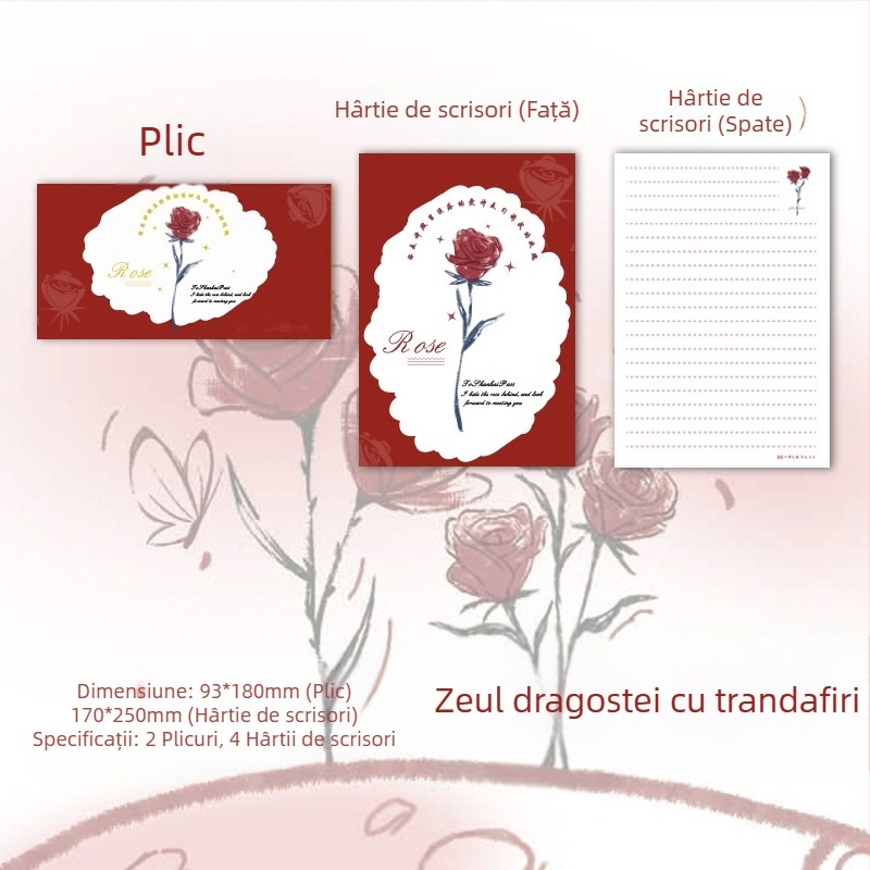 Set plicuri și hârtie de scris cu motiv de trandafir — papetărie pentru scrisori de dragoste scrise de mână