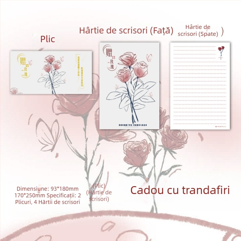 Set plicuri și hârtie de scris cu motiv de trandafir — papetărie pentru scrisori de dragoste scrise de mână