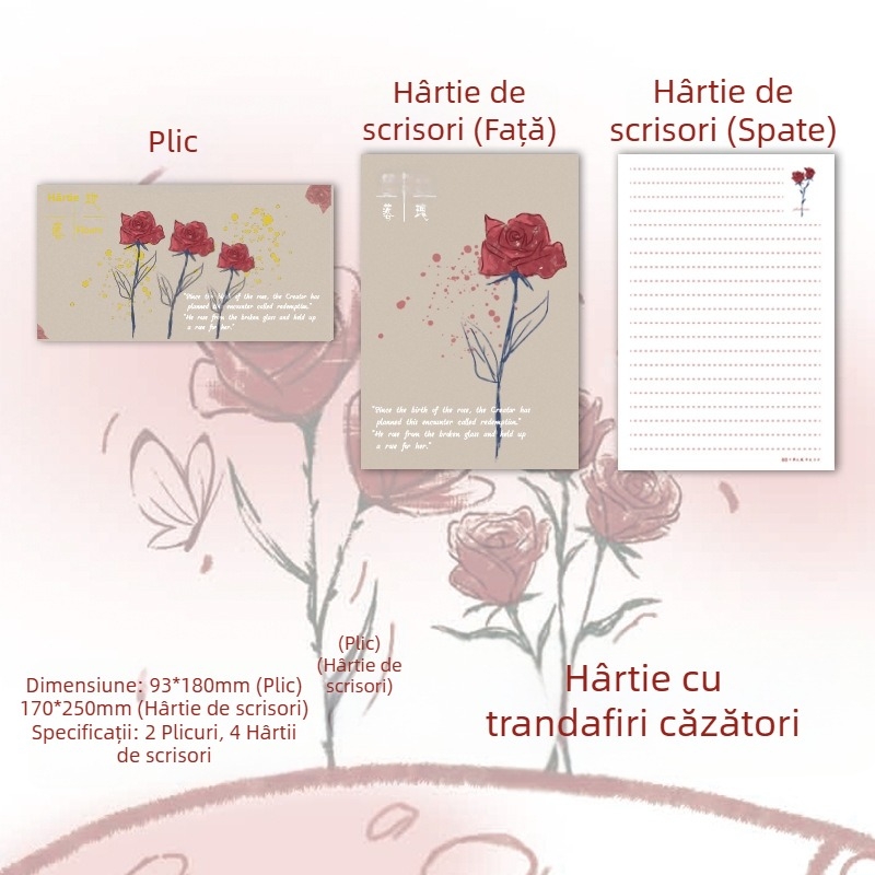 Set plicuri și hârtie de scris cu motiv de trandafir — papetărie pentru scrisori de dragoste scrise de mână