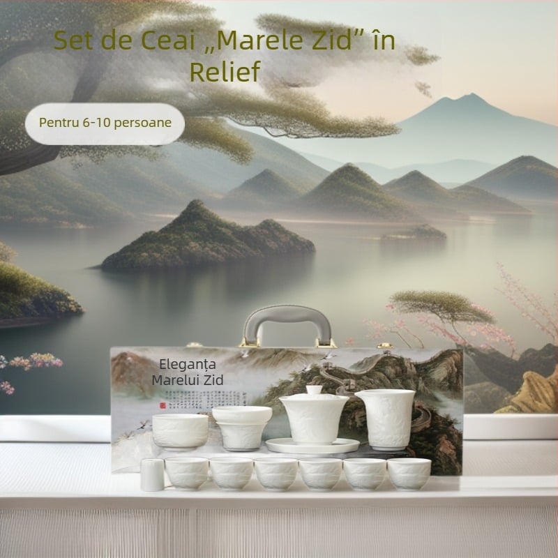 Set de ceai Marele Zid în stil național, cu gaiwan, cești Gong și cești de degustare, în cutie cadou — porțelan nephrit