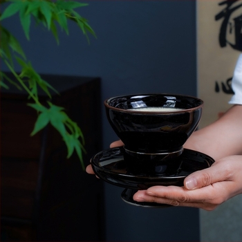 Bol de ceai cu farfurie, în stil Jianzan, glazură neagră, diametrul 12,5 cm, pentru matcha