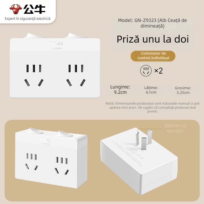 Bull Brand adaptor priză cu USB, prize multiple, adaptor pentru priză cu două sau trei pini, model 9333 wireless