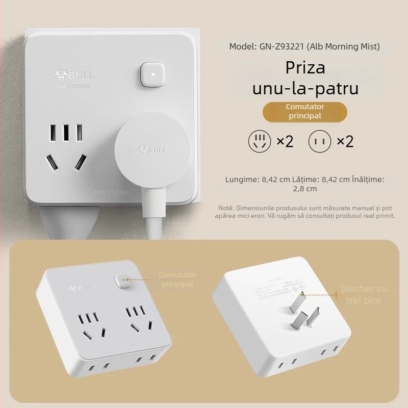Bull Brand adaptor priză cu USB, prize multiple, adaptor pentru priză cu două sau trei pini, model 9333 wireless