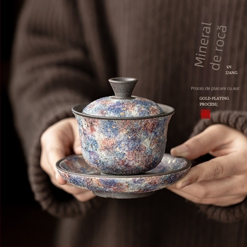 Vas ceramic pentru ceai cu capac, în stil retro, pentru uz casnic, ideal pentru infuzarea ceaiului, cu detalii aurii