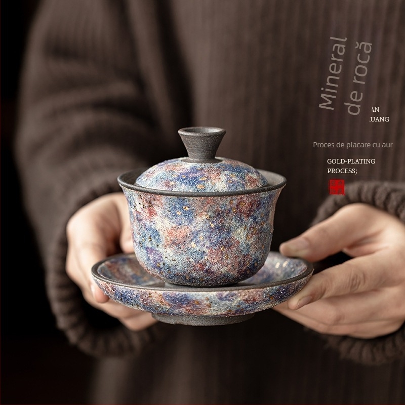 Vas ceramic pentru ceai cu capac, în stil retro, pentru uz casnic, ideal pentru infuzarea ceaiului, cu detalii aurii