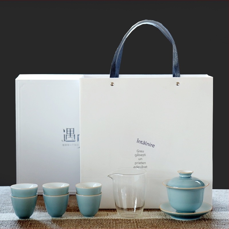 Shang Xuan Yiwen Set ceai din porțelan alb glazurat cu capac – cești de ceai, design modern minimalist, cutie cadou, personalizare logo