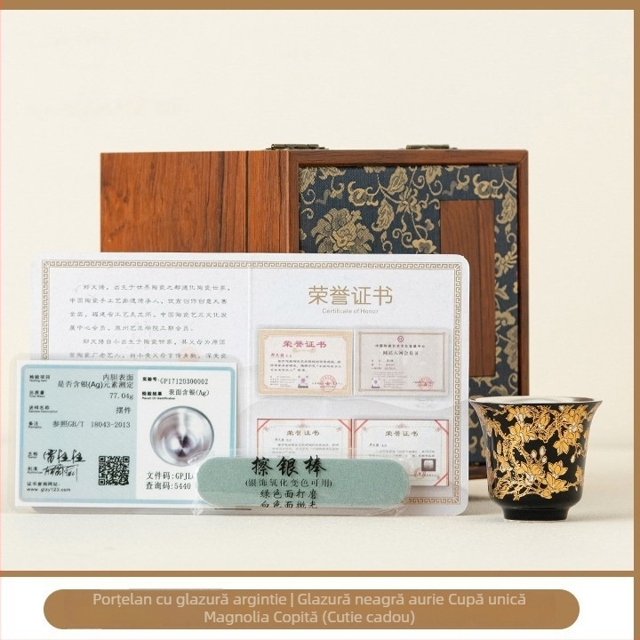 Ceașcă de ceai din porțelan cu finisaj argintiu aurit, stil chinezesc, o singură ceașcă într-o cutie cadou elegantă.