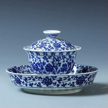 Gaiwan din porțelan albastru-alb, stil chinezesc, trei piese, bol de ceai cu suport pentru ceainic