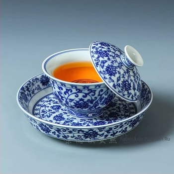 Gaiwan din porțelan albastru-alb, stil chinezesc, trei piese, bol de ceai cu suport pentru ceainic