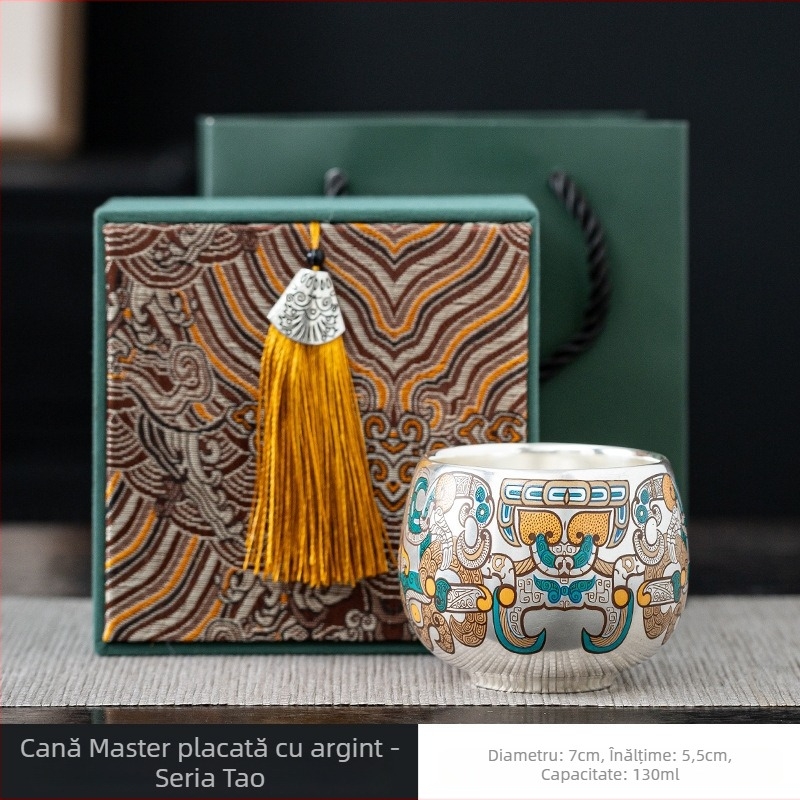 Două cești de ceai lucrate manual, placate cu argint, inspirate de Orașul Interzis, pereche pentru gazde; cadou pentru bunici, părinți și profesori.