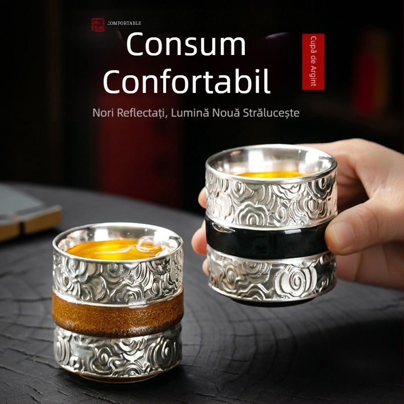 Set cadou de ceai Tangsong: ceașcă de ceai ceramică cu accente argint 999 și ceainic – cutie cadou
